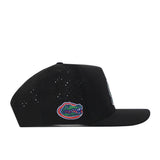 Side view of the No Rivals Florida Gators Football Mascot Hat in black, showcasing a perforated design and a vibrant embroidered Gators logo patch on the side. Crafted from high-quality performance fabric for superior comfort and durability, it features a snapback closure for an adjustable fit.