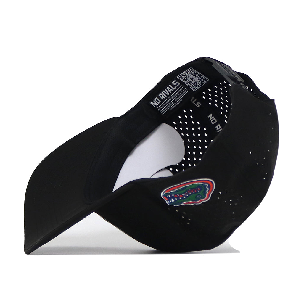 A black Florida Gators Football Mascot Hat by No Rivals is displayed upside down, revealing the team’s logo on the side and “NO RIVALS” text inside the brim. Made from high-quality performance fabric, its interior also features a QR code and perforated ventilation holes.