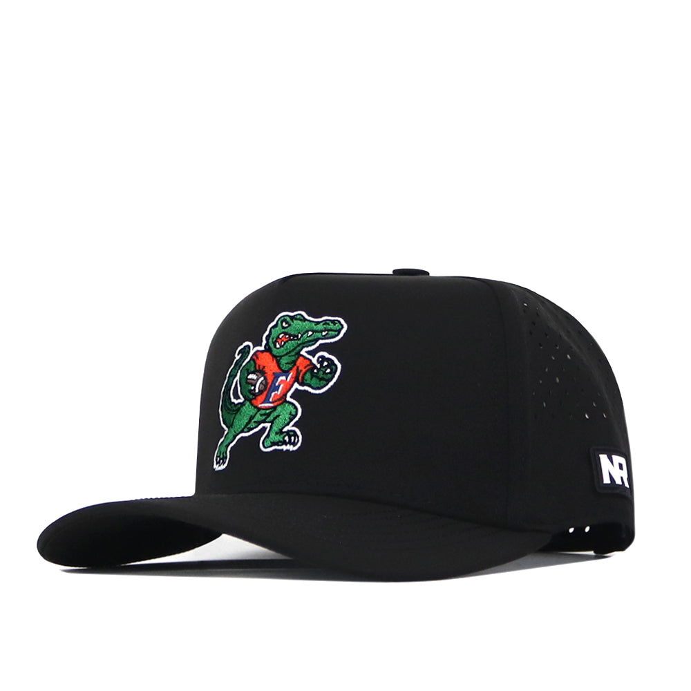 Introducing the Florida Gators Football Mascot Hat - Black by No Rivals. This cap features an embroidered cartoon alligator wearing an orange shirt on the front and a small white NR logo on the right side. Crafted from high-quality performance fabric, it offers a comfortable fit with ventilation holes on the sides and a slightly curved bill. The adjustable snapback closure lets you customize your fit for any occasion.