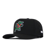 Introducing the Florida Gators Football Mascot Hat - Black by No Rivals. This cap features an embroidered cartoon alligator wearing an orange shirt on the front and a small white NR logo on the right side. Crafted from high-quality performance fabric, it offers a comfortable fit with ventilation holes on the sides and a slightly curved bill. The adjustable snapback closure lets you customize your fit for any occasion.