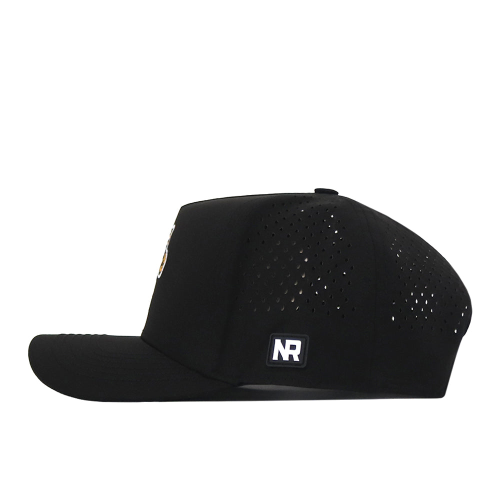 A black LSU Tigers Football Mascot Hat by No Rivals, crafted from performance fabric for enhanced comfort, features ventilation holes on the side, a flat brim, and a small rectangular NR label on the side. The hat is shown in a side profile view.