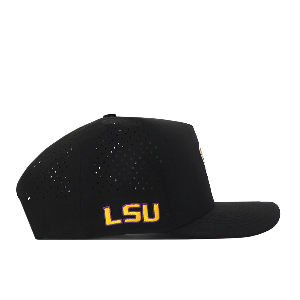 Show your Tiger pride in style with the officially licensed No Rivals LSU Tigers Football Mascot Hat in black. This flat-bill cap features small ventilation holes, LSU embroidered in purple and gold on the side, and is crafted from performance fabric for ultimate comfort.