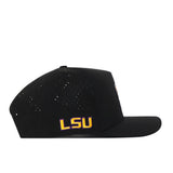 Show your Tiger pride in style with the officially licensed No Rivals LSU Tigers Football Mascot Hat in black. This flat-bill cap features small ventilation holes, LSU embroidered in purple and gold on the side, and is crafted from performance fabric for ultimate comfort.