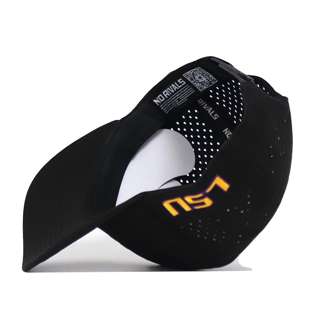 A black LSU Tigers Football Mascot Hat by No Rivals is shown flipped upside down, revealing the interior with a NO RIVALS tag and a QR code. Made from performance fabric, this officially licensed cap displays bold yellow LSU lettering across the brim.