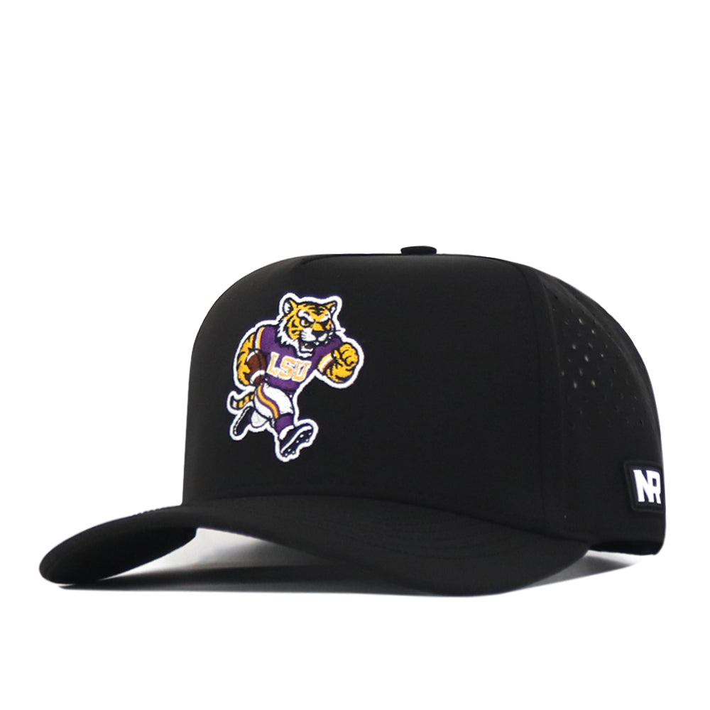 Introducing the LSU Tigers Football Mascot Hat - Black by No Rivals. This officially licensed cap showcases an embroidered LSU tiger mascot logo on the front and a small No Rivals patch on the side of the bill. Made from performance fabric for superior comfort and durability, it’s perfect for displaying your team pride.