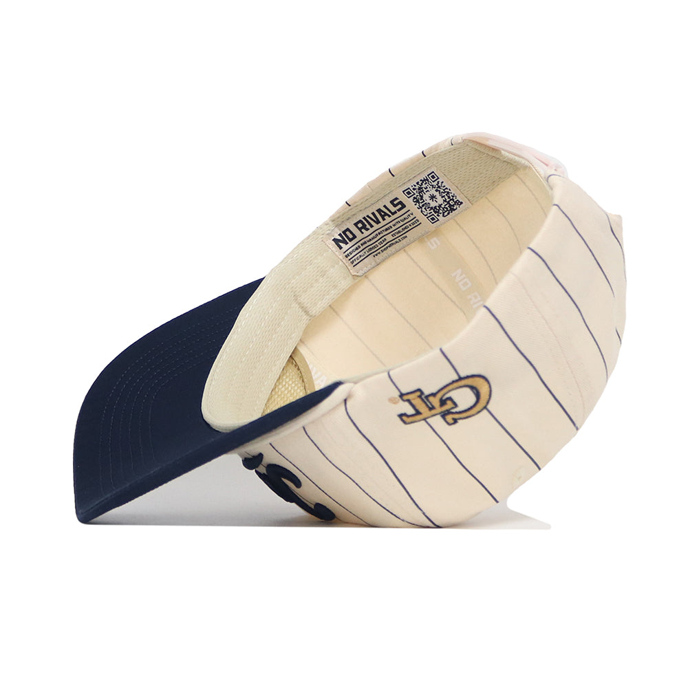 The No Rivals Georgia Tech Vintage "Jackets" Pinstripe Hat features a cream crown with navy stripes, a navy brim, and an embroidered GT logo. Made from quality cotton, it's shown angled inside-out and includes an easy snap back adjustment.