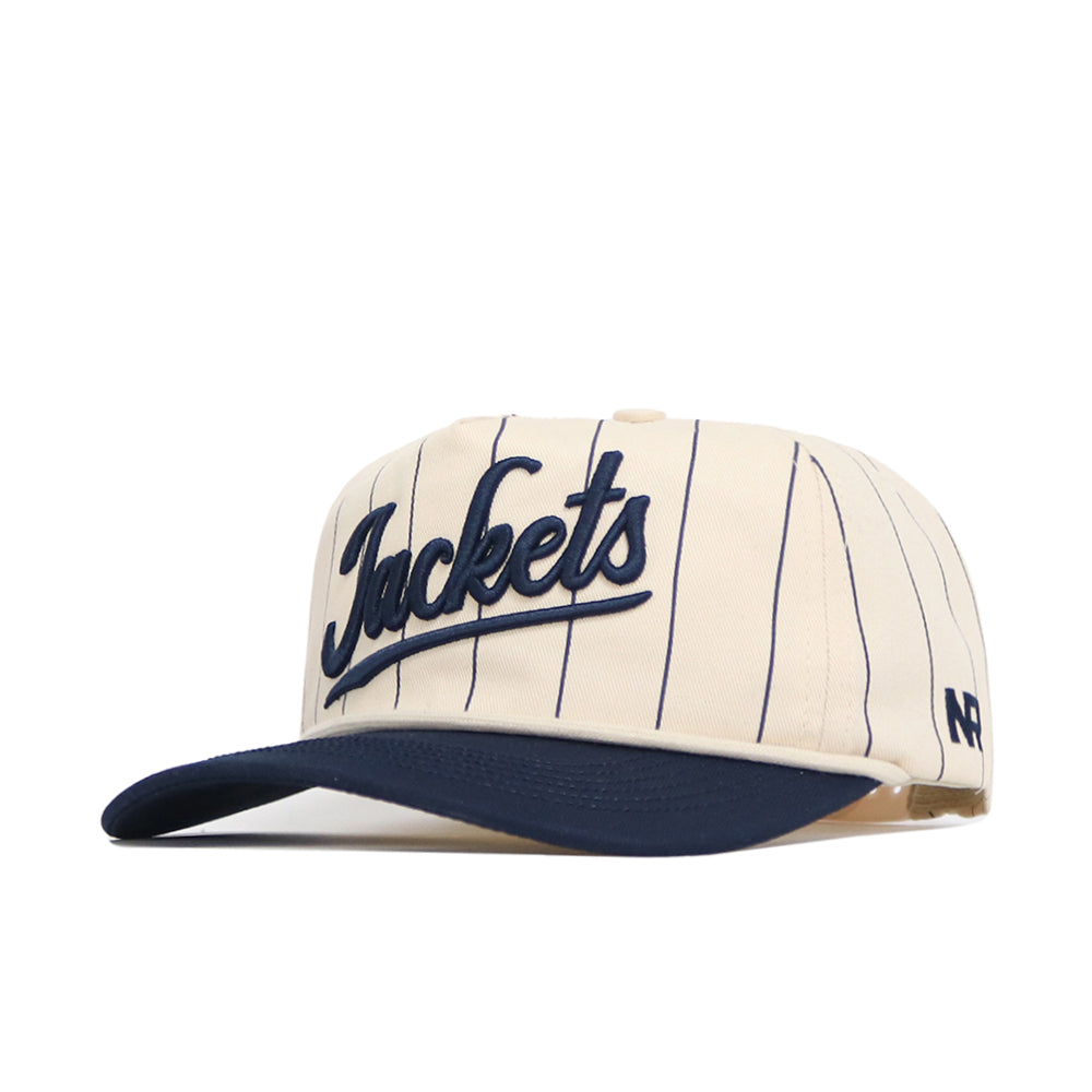 The Georgia Tech Vintage "Jackets" Pinstripe Hat by No Rivals features a cream base with navy pinstripes, a navy brim, bold "Jackets" script on the front, a side NF logo, and is crafted from high-quality cotton.
