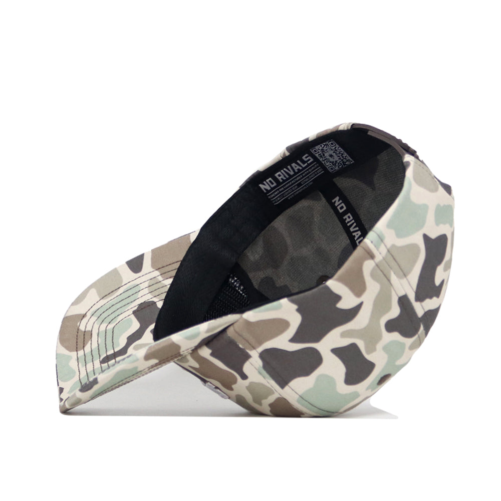 The Iowa State Huntsman Hat by No Rivals is shown on its side, revealing a black interior and NO RIVALS label. This 5-panel hat features colored stitching on the curved visor for a bold, stylish look.