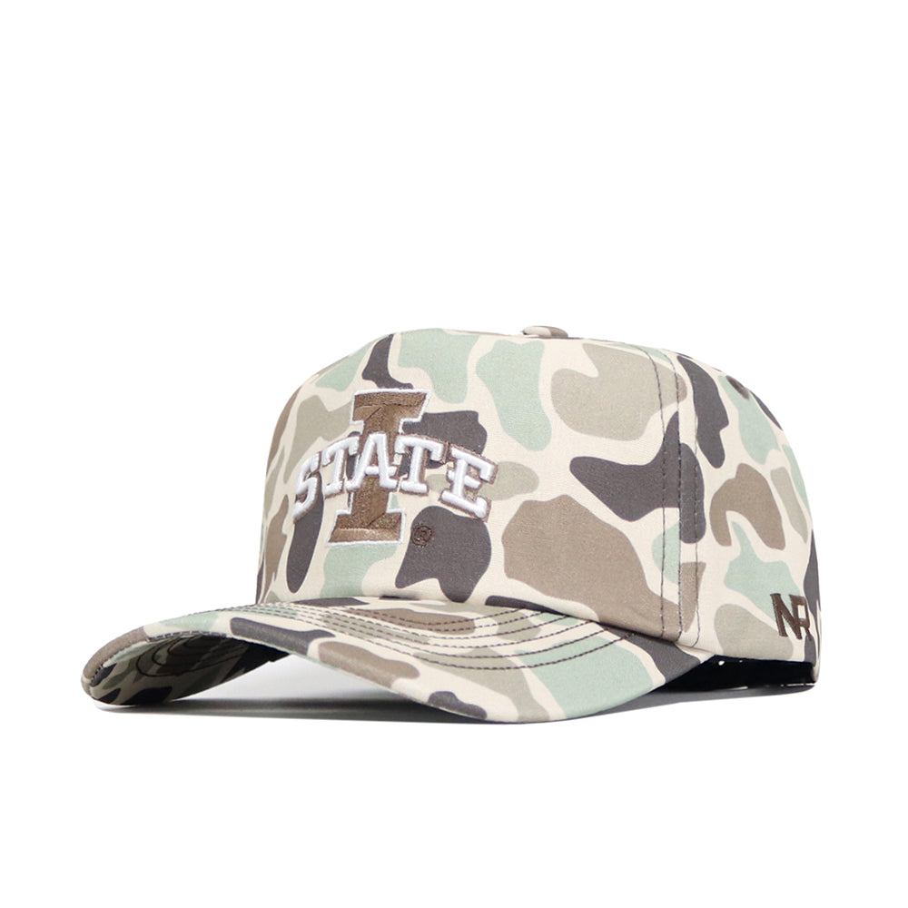 The Iowa State Huntsman Hat by No Rivals is a duck camo 5-panel snapback with a large embroidered I STATE logo on the front and NF lettering on the side, shown against a white background.