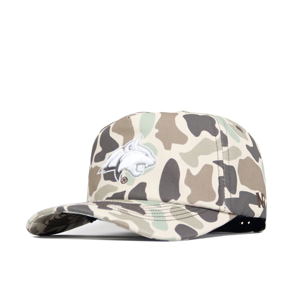 The No Rivals Montana State Huntsman Hat is a 5-panel duck camo hat with a white embroidered fish logo on the front, shown against a white background.