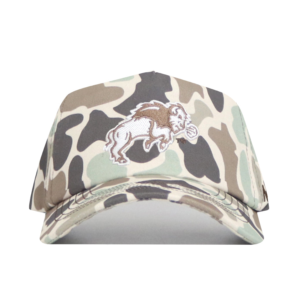 Front view of the NDSU Huntsman Hat by No Rivals, a classic 5-panel duck camo hat featuring a white embroidered roaring lion on the front panel.