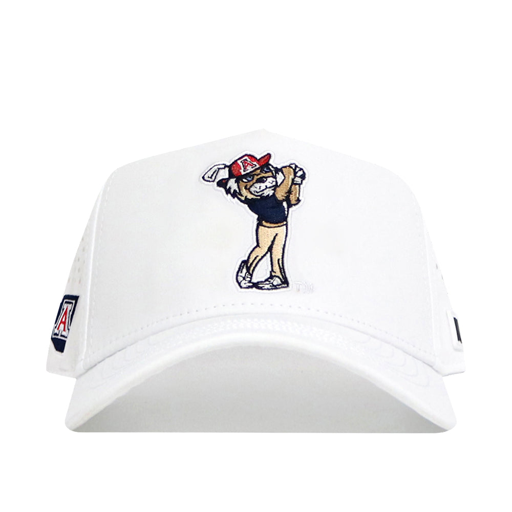The No Rivals Arizona Golf Hat - White features an embroidered cartoon wildcat golfer in a red hat and navy shirt, plus an A logo on the side. This structured snapback is perfect for showing team spirit on the course.