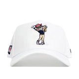 The No Rivals Arizona Golf Hat - White features an embroidered cartoon wildcat golfer in a red hat and navy shirt, plus an A logo on the side. This structured snapback is perfect for showing team spirit on the course.