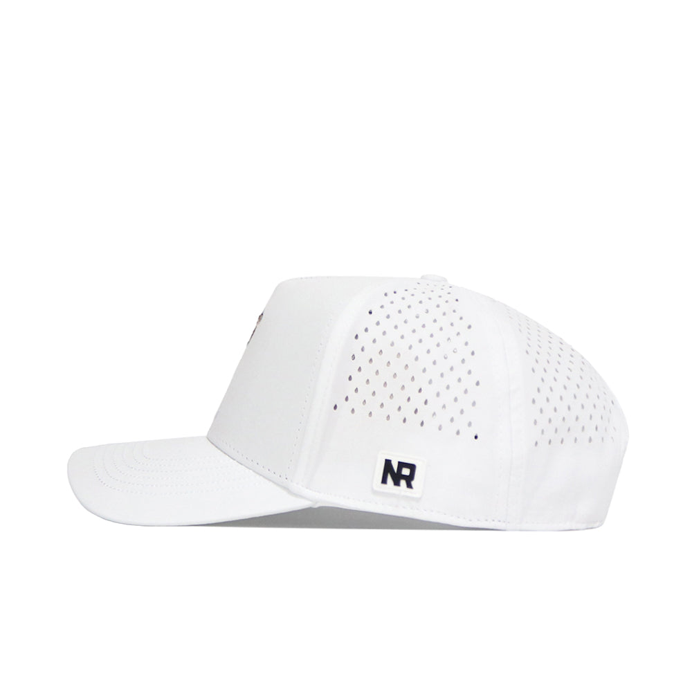 The No Rivals Arizona Golf Hat - White features a structured snapback design, flat brim, perforated side panels for ventilation, and a small NR logo patch on the side.