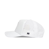 The No Rivals Arizona Golf Hat - White features a structured snapback design, flat brim, perforated side panels for ventilation, and a small NR logo patch on the side.