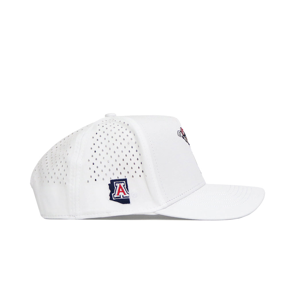 The No Rivals Arizona Golf Hat - White is an officially licensed structured cap featuring small ventilation holes and an embroidered University of Arizona logo patch above the ear, shown in profile on a plain white background.