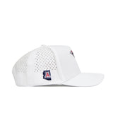 The No Rivals Arizona Golf Hat - White is an officially licensed structured cap featuring small ventilation holes and an embroidered University of Arizona logo patch above the ear, shown in profile on a plain white background.