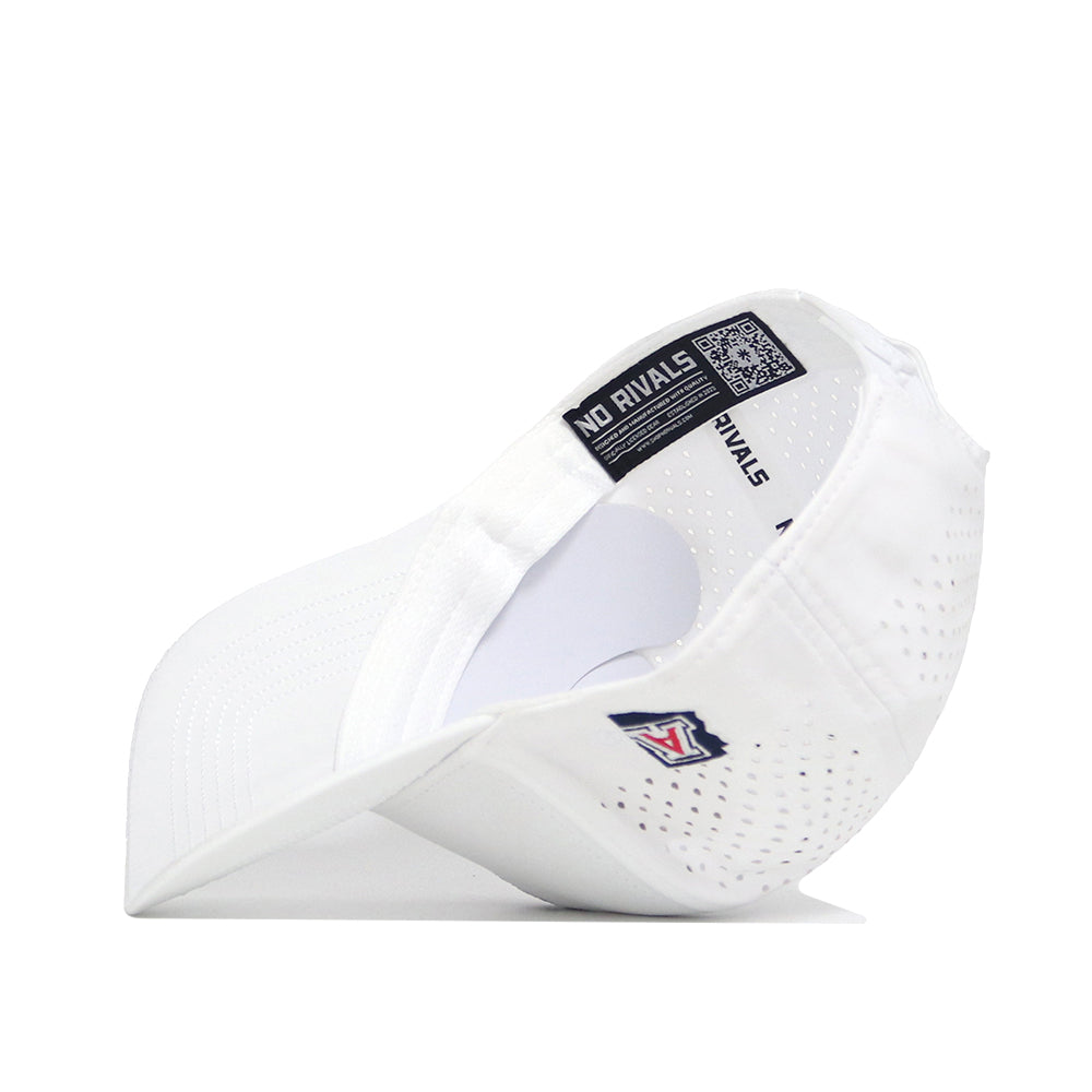 The Arizona Golf Hat - White by No Rivals is shown inside out, revealing perforated sides, a NO RIVALS inner label, a QR code on the band, and a small blue, red, and white patch on the outside.