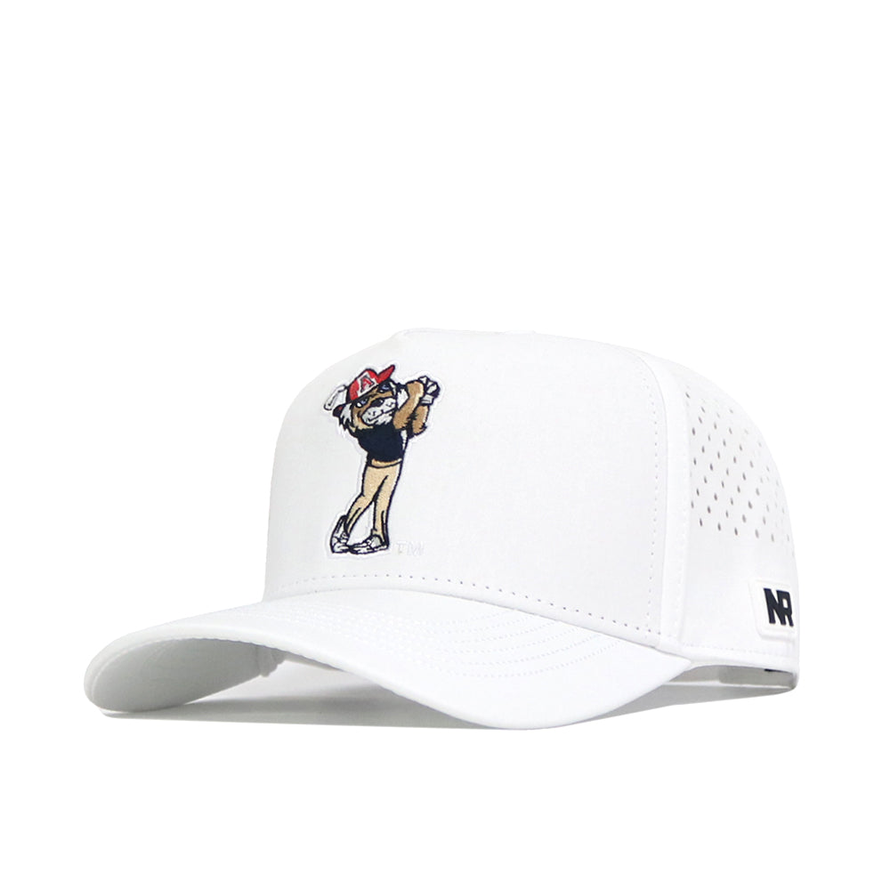 The No Rivals Arizona Golf Hat - White is a structured fit baseball cap with an embroidered golf cartoon on the front, ventilation holes on the sides, "NR" on the brim's left edge, and an adjustable snapback closure.