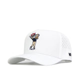 The No Rivals Arizona Golf Hat - White is a structured fit baseball cap with an embroidered golf cartoon on the front, ventilation holes on the sides, "NR" on the brim's left edge, and an adjustable snapback closure.