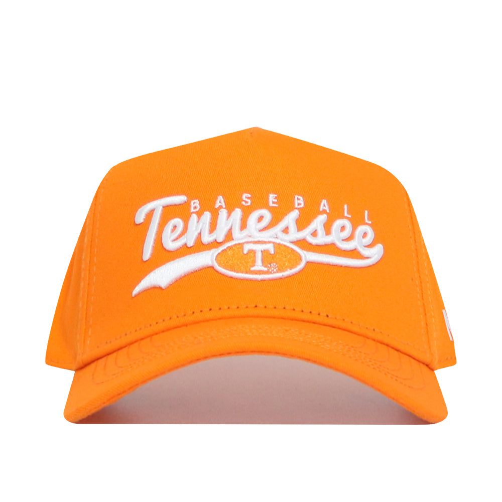 The No Rivals Tennessee Baseball Script Hat is a bright orange cotton blend cap with a snap back closure. "Tennessee Baseball" and a white T logo in an orange oval are embroidered on the front. Background is plain white.