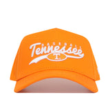 The No Rivals Tennessee Baseball Script Hat is a bright orange cotton blend cap with a snap back closure. "Tennessee Baseball" and a white T logo in an orange oval are embroidered on the front. Background is plain white.