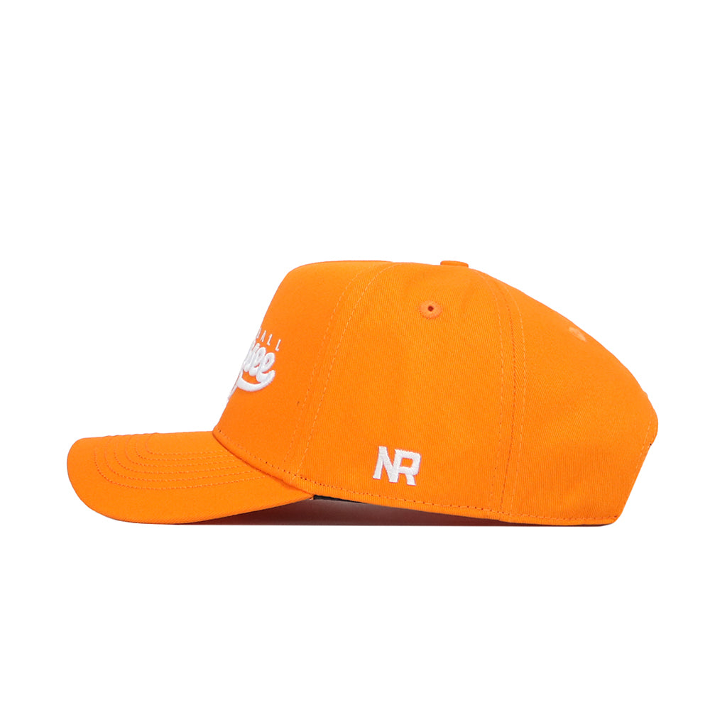The No Rivals Tennessee Baseball Script Hat is a bright orange snapback with white "NR" embroidery near the back, partial white script on the front, a structured brim, stitched eyelets, and a comfortable cotton blend.