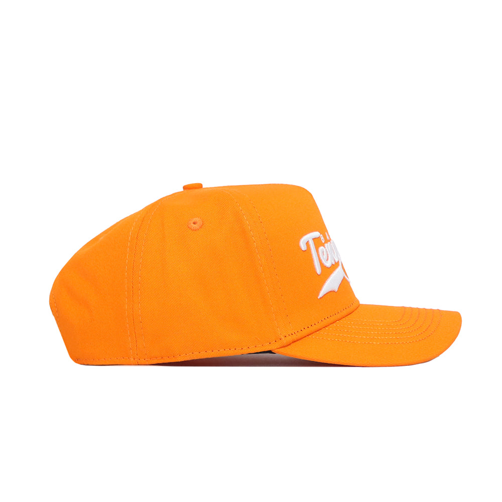 The No Rivals Tennessee Baseball Script Hat is shown in profile with a bright orange color, flat brim, and snapback closure. White embroidered logo text appears on the front against a plain white background.