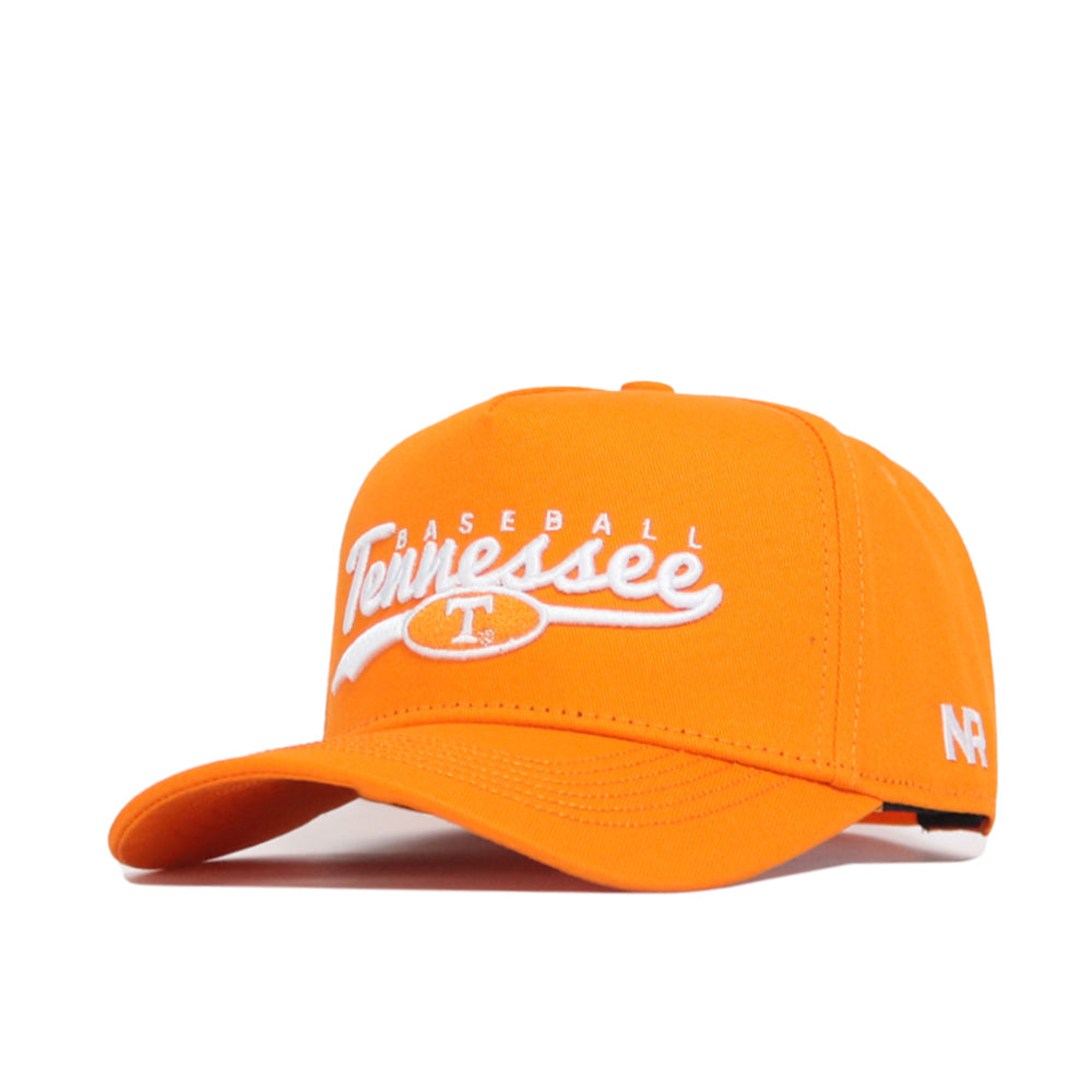 The No Rivals Tennessee Baseball Script Hat is a bright orange cotton blend cap with "Tennessee Baseball" embroidered in white on the front and a small NR logo on the brim. It features a curved bill, structured crown, and adjustable snapback closure.
