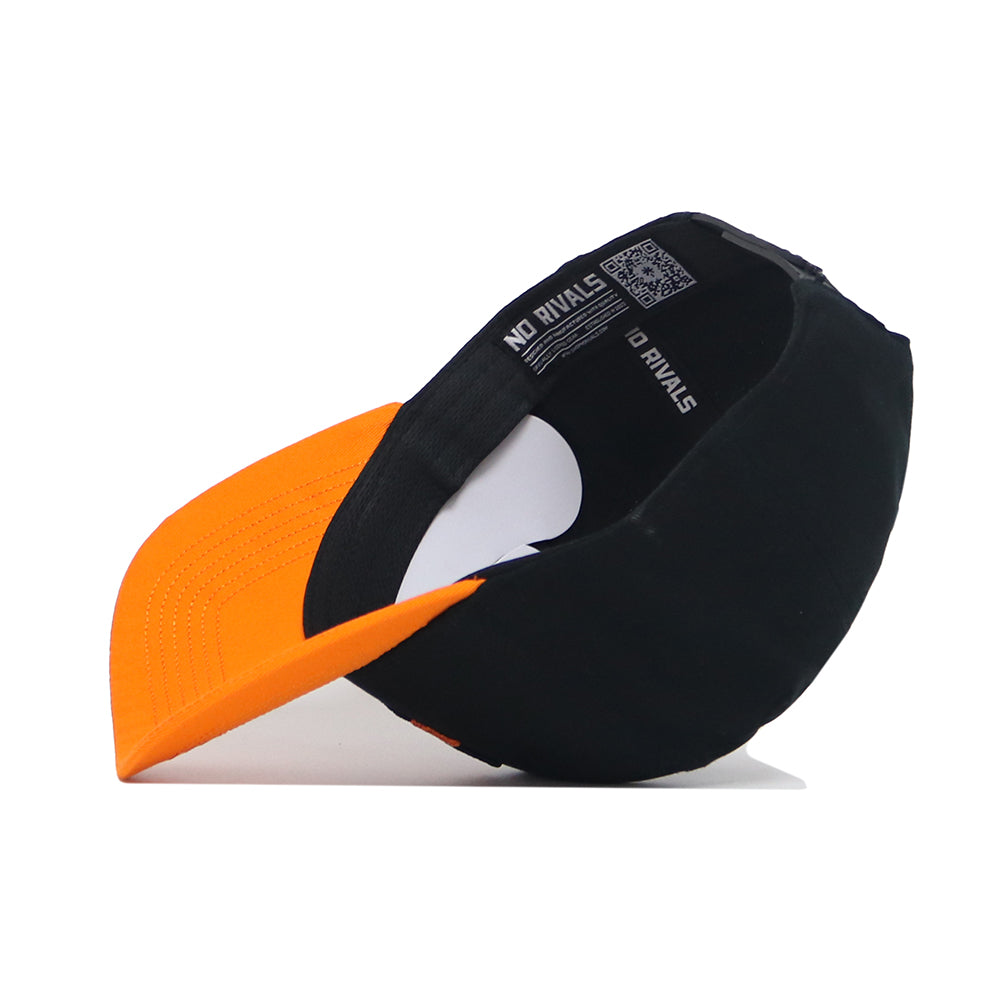 The Tennessee Baseball Home Plate Hat by No Rivals is a black and orange snapback with a bright orange visor, black inner lining featuring "NO RIVALS" text, and an embroidered logo for extra style.