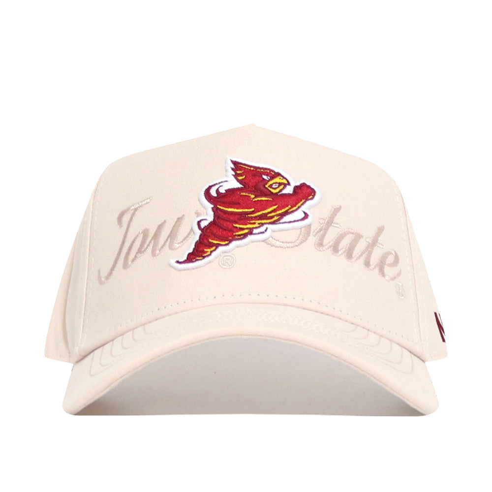 The No Rivals Iowa State Stacked Hat is a cream snapback featuring beige "Iowa State" script and a red-yellow cyclone mascot on the front. Made from high-quality cotton for comfort and style.