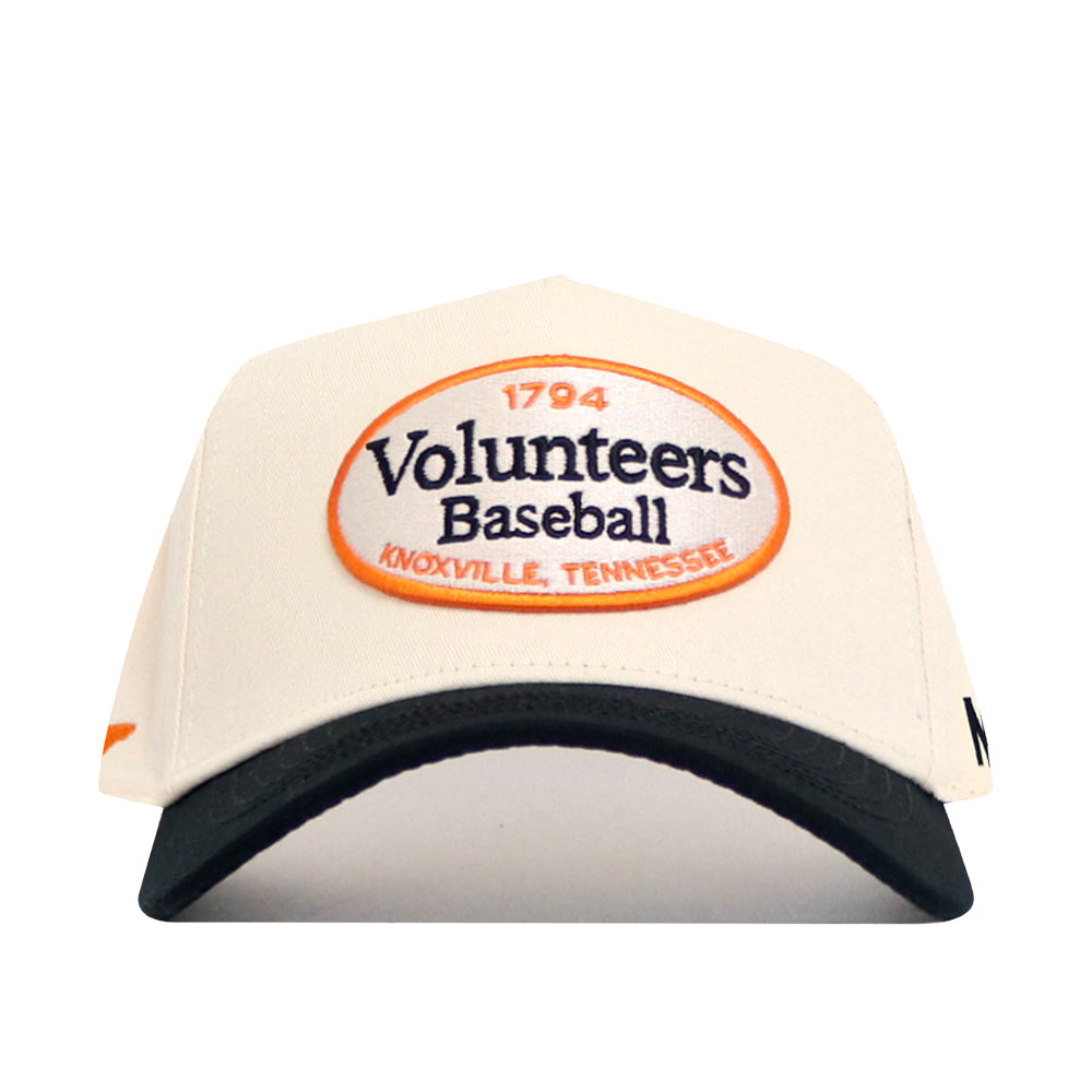 The No Rivals Tennessee Baseball Slugger Hat is a white cap with a black brim, featuring an embroidered patch that reads "1794 Volunteers Baseball Knoxville, Tennessee" in bold orange and black text.