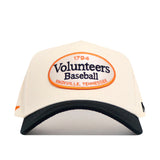 The No Rivals Tennessee Baseball Slugger Hat is a white cap with a black brim, featuring an embroidered patch that reads "1794 Volunteers Baseball Knoxville, Tennessee" in bold orange and black text.
