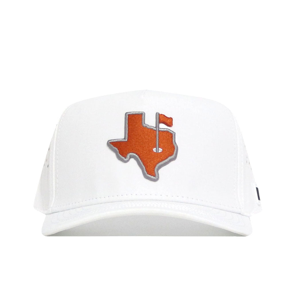 The No Rivals Texas Golf Hat - Orange is a white snapback hat featuring an embroidered orange Texas outline with a golf flag, crafted from a durable polyester-cotton blend for comfort and style.