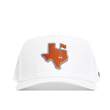 The No Rivals Texas Golf Hat - Orange is a white snapback hat featuring an embroidered orange Texas outline with a golf flag, crafted from a durable polyester-cotton blend for comfort and style.