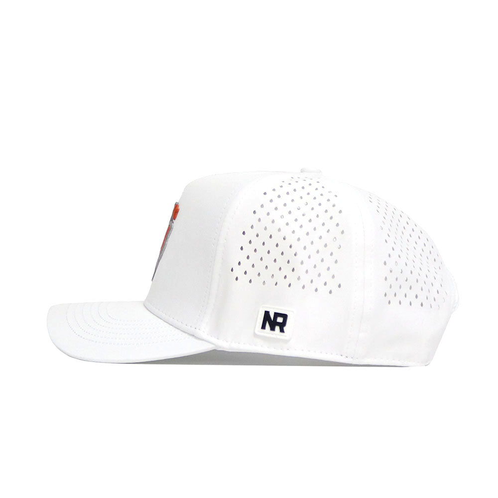 The Texas Golf Hat - Orange by No Rivals is shown from the side; it's a white snapback made from a polyester-cotton blend, with small ventilation holes and a rectangular patch embroidered with NR near the back.