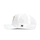 The Texas Golf Hat - Orange by No Rivals is shown from the side; it's a white snapback made from a polyester-cotton blend, with small ventilation holes and a rectangular patch embroidered with NR near the back.