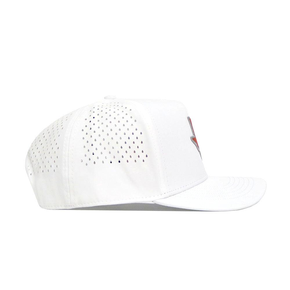 Side view of the Texas Golf Hat - Orange by No Rivals, featuring perforated back panels, a slightly curved brim, and a partial embroidered logo on the front. Made from a soft polyester-cotton blend.