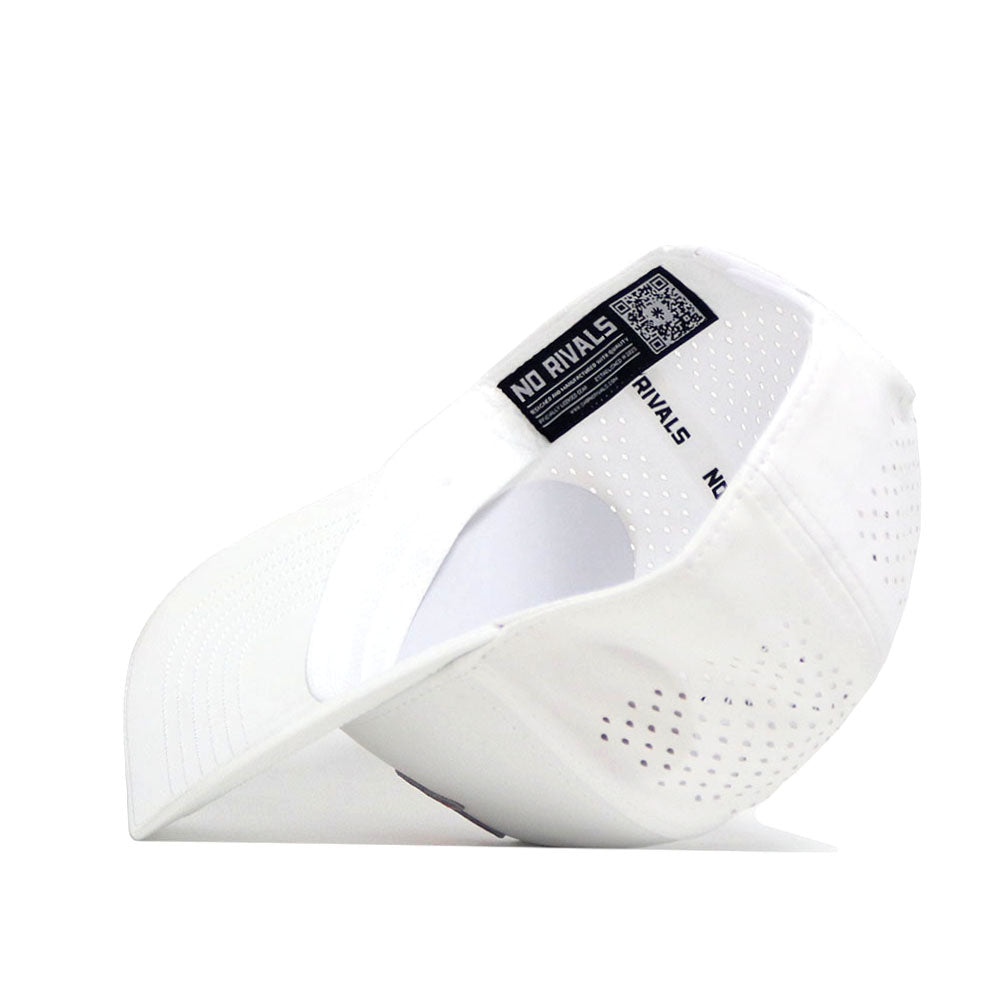 The Texas Golf Hat - Orange by No Rivals, made from a polyester cotton blend, has perforated holes for ventilation and an inside label reading NO RIVALS with a QR code.