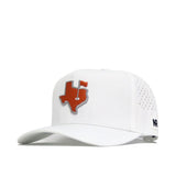The No Rivals Texas Golf Hat - Orange is a white structured baseball cap with an embroidered orange Texas state outline and golf flag on the front, ventilation holes, and a black and white logo tag on the snapback side.