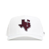 The No Rivals Texas Golf Hat - Maroon is a white cap with an embroidered Texas golf logo in maroon on the front and a snap back closure for adjustable comfort.