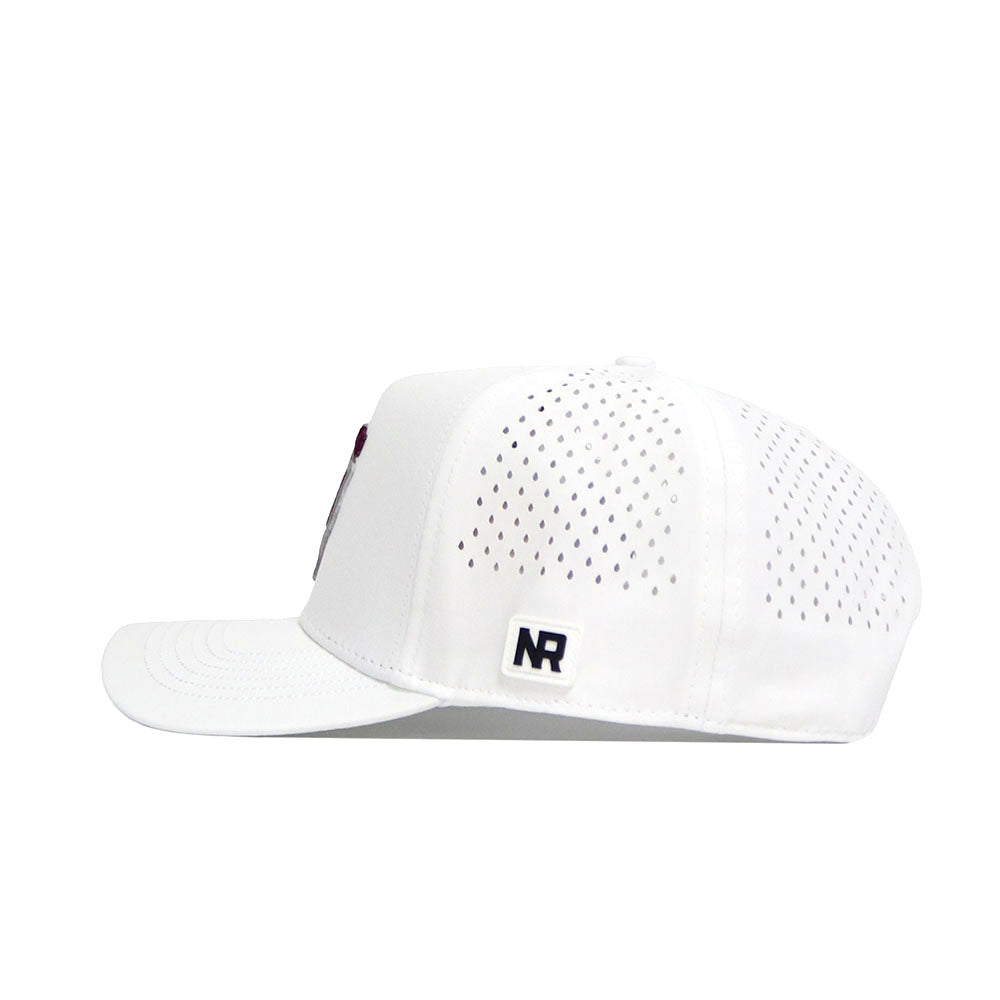 The No Rivals Texas Golf Hat in maroon is shown from the side, featuring a perforated back panel for ventilation, snapback adjustment, and a small rectangular NR logo patch near the brim.