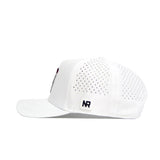 The No Rivals Texas Golf Hat in maroon is shown from the side, featuring a perforated back panel for ventilation, snapback adjustment, and a small rectangular NR logo patch near the brim.