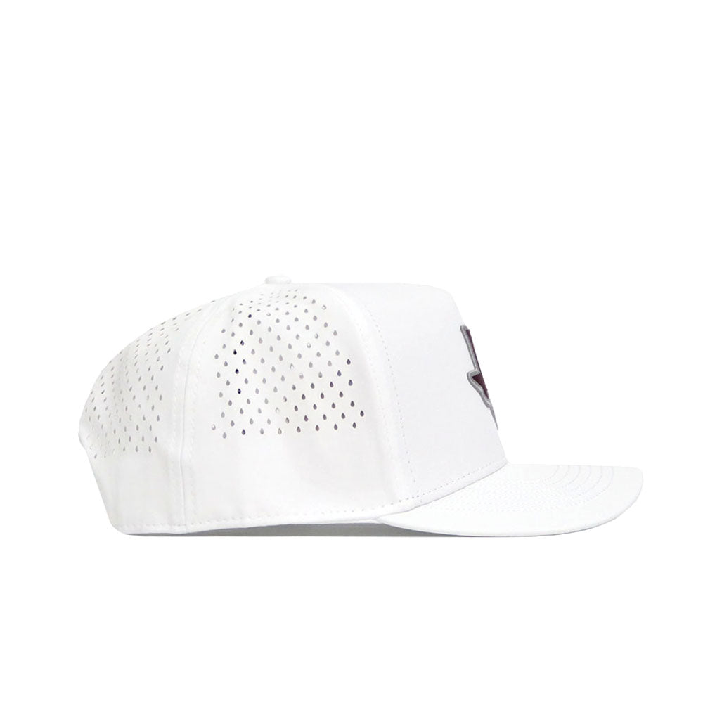 Side view of the No Rivals Texas Golf Hat in maroon, featuring small ventilation holes, a snapback closure, flat brim, and partially visible raised embroidered logo on the front.