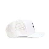 Side view of the No Rivals Texas Golf Hat in maroon, featuring small ventilation holes, a snapback closure, flat brim, and partially visible raised embroidered logo on the front.