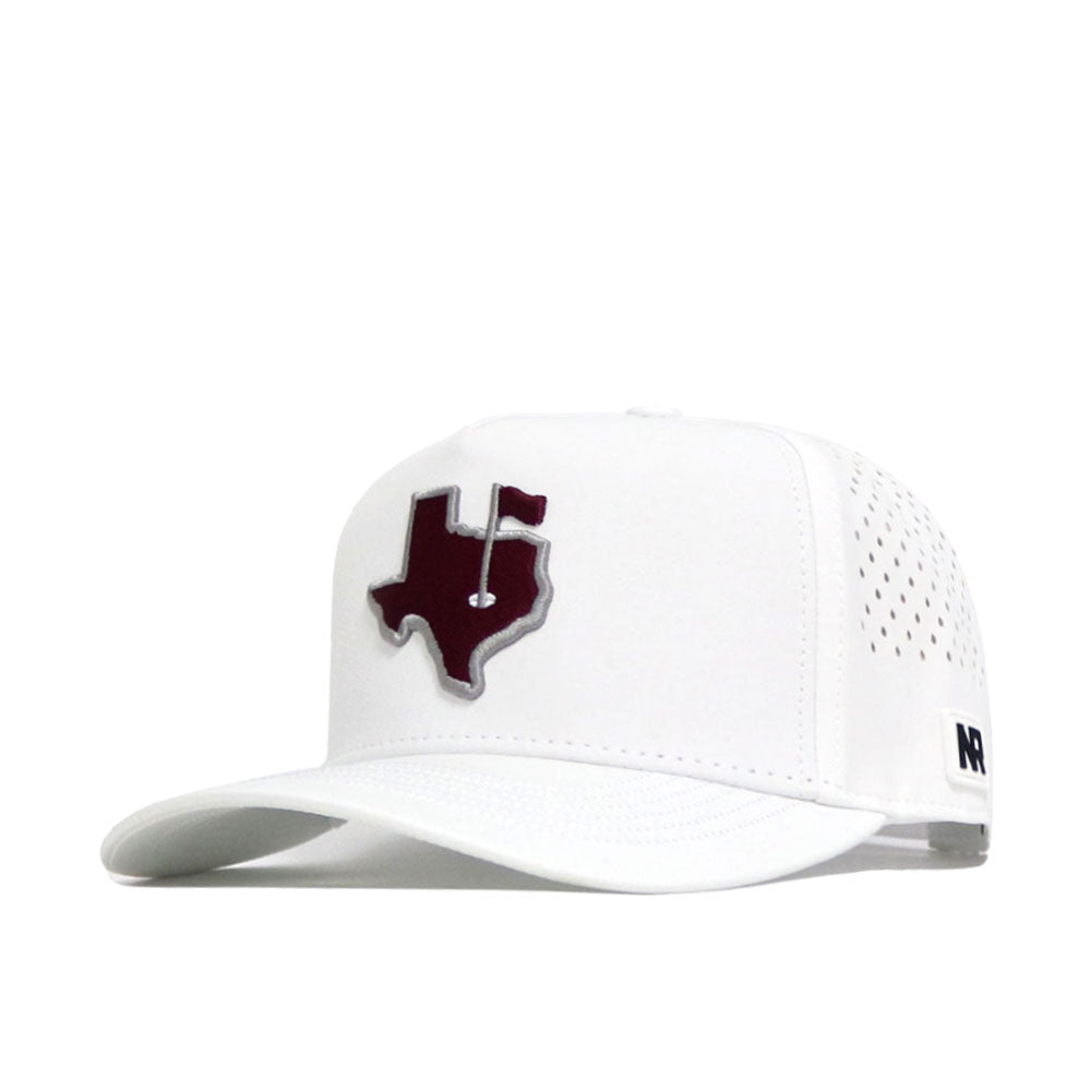 The No Rivals Texas Golf Hat - Maroon is a white cap with a maroon Texas outline and embroidered golf tee logo on the front, side ventilation holes, and an adjustable snap back for comfort.