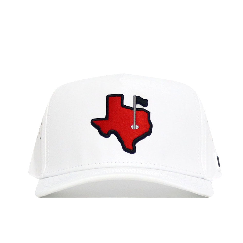 The No Rivals Texas Golf Hat - Red is a white snapback with an embroidered red Texas outline and golf flag on the front, crafted from a polyester-cotton blend for comfort and style.