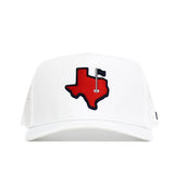 The No Rivals Texas Golf Hat - Red is a white snapback with an embroidered red Texas outline and golf flag on the front, crafted from a polyester-cotton blend for comfort and style.