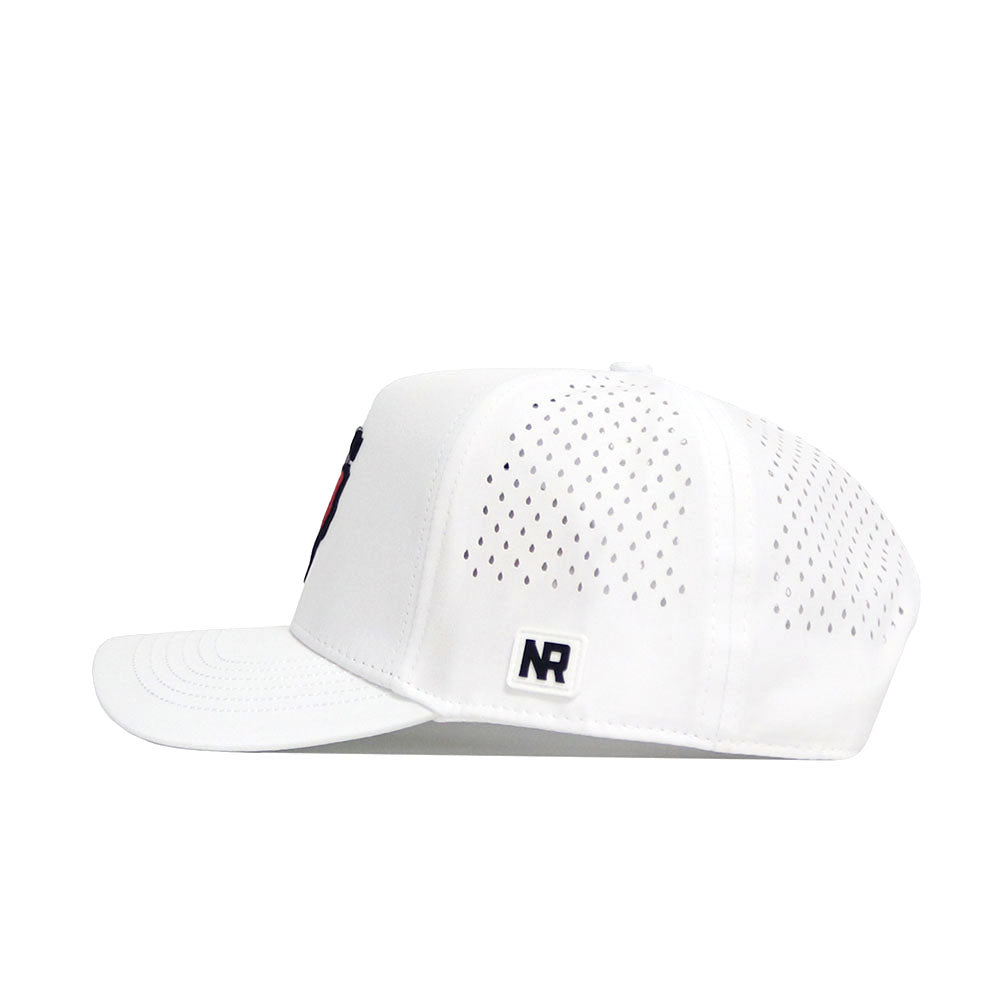 The No Rivals Texas Golf Hat in red is a snapback with a polyester-cotton blend, small ventilation holes, flat brim, and an embroidered black NR logo patch on the side, shown in a side profile view.
