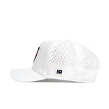 The No Rivals Texas Golf Hat in red is a snapback with a polyester-cotton blend, small ventilation holes, flat brim, and an embroidered black NR logo patch on the side, shown in a side profile view.
